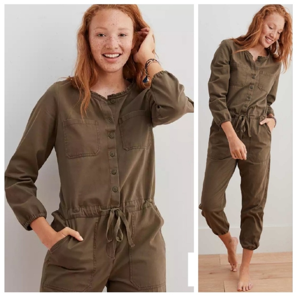Aerie Olive Green Utility Jumpsuit Button Front Long Sleeve Drawstring Jogger M